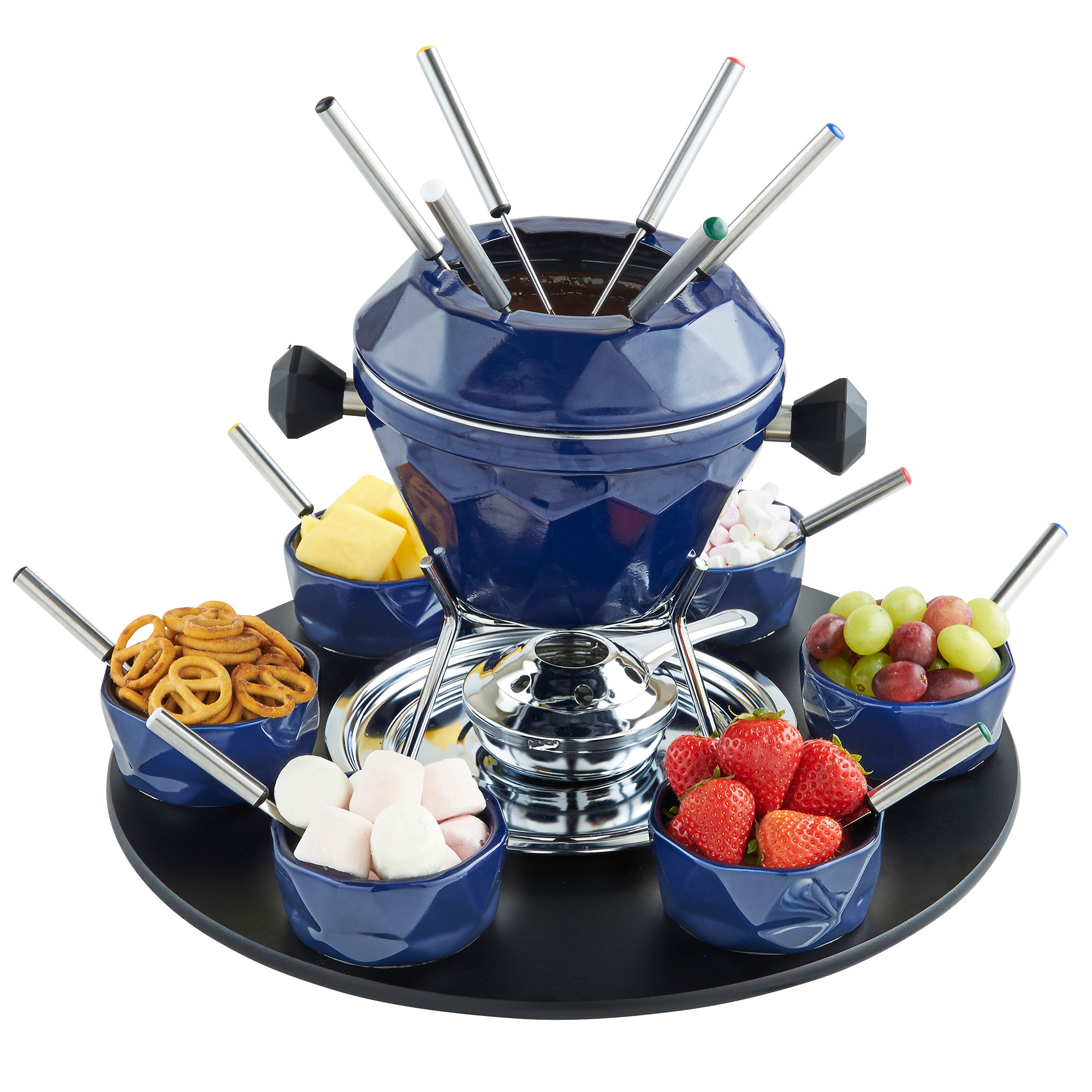 VonShef Rotating Cast Iron Fondue Party Set with Enamel Finish Blue