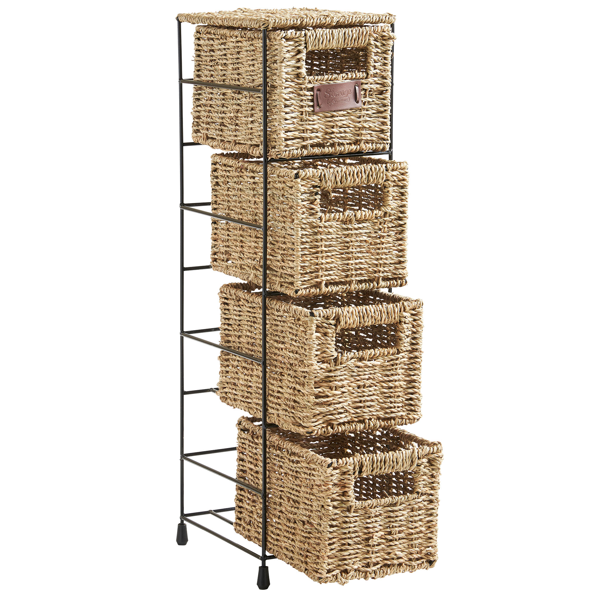 VonHaus 4 Tier Seagrass Basket Drawer Storage Tower Unit with Metal