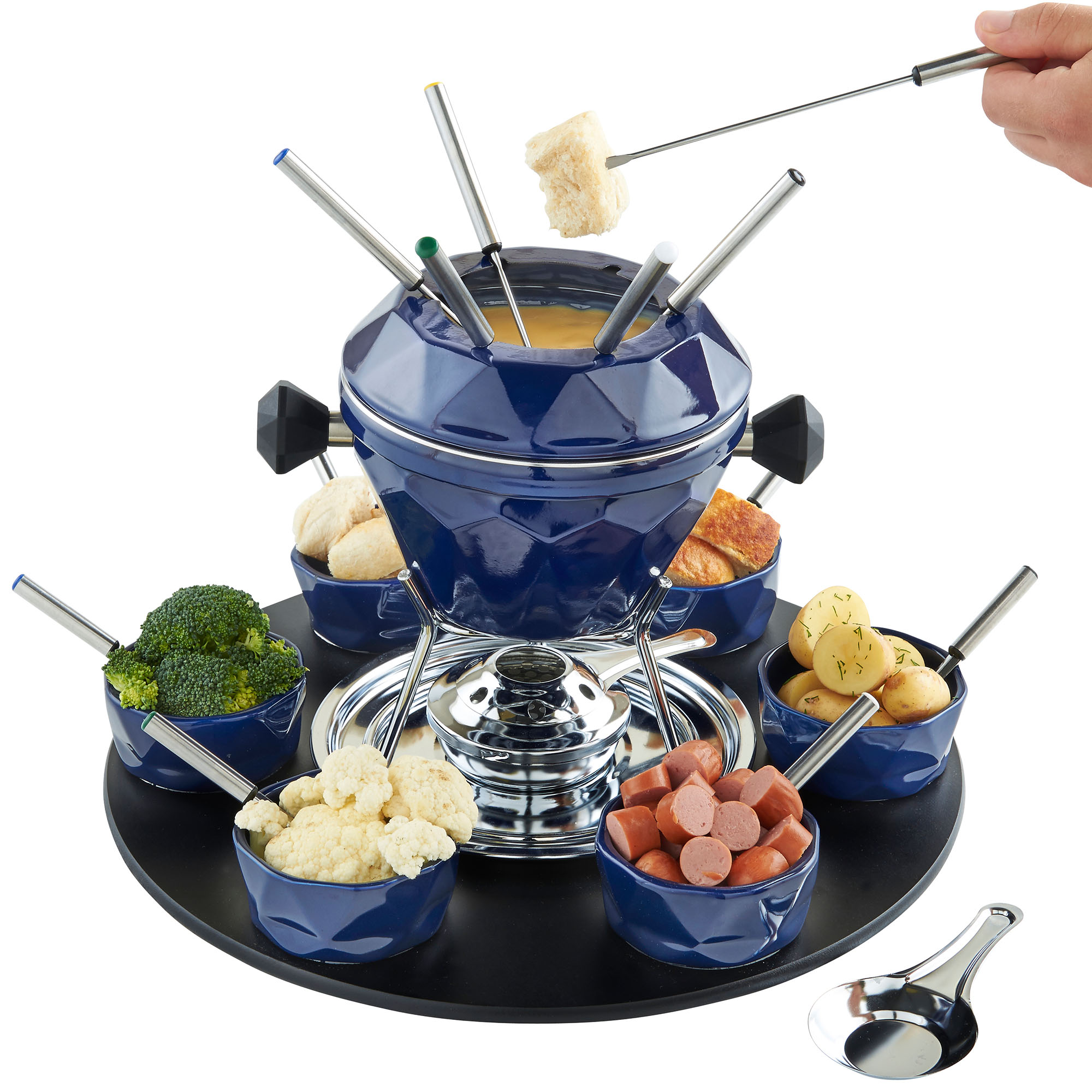VonShef Rotating Cast Iron Fondue Party Set with Enamel Finish Blue