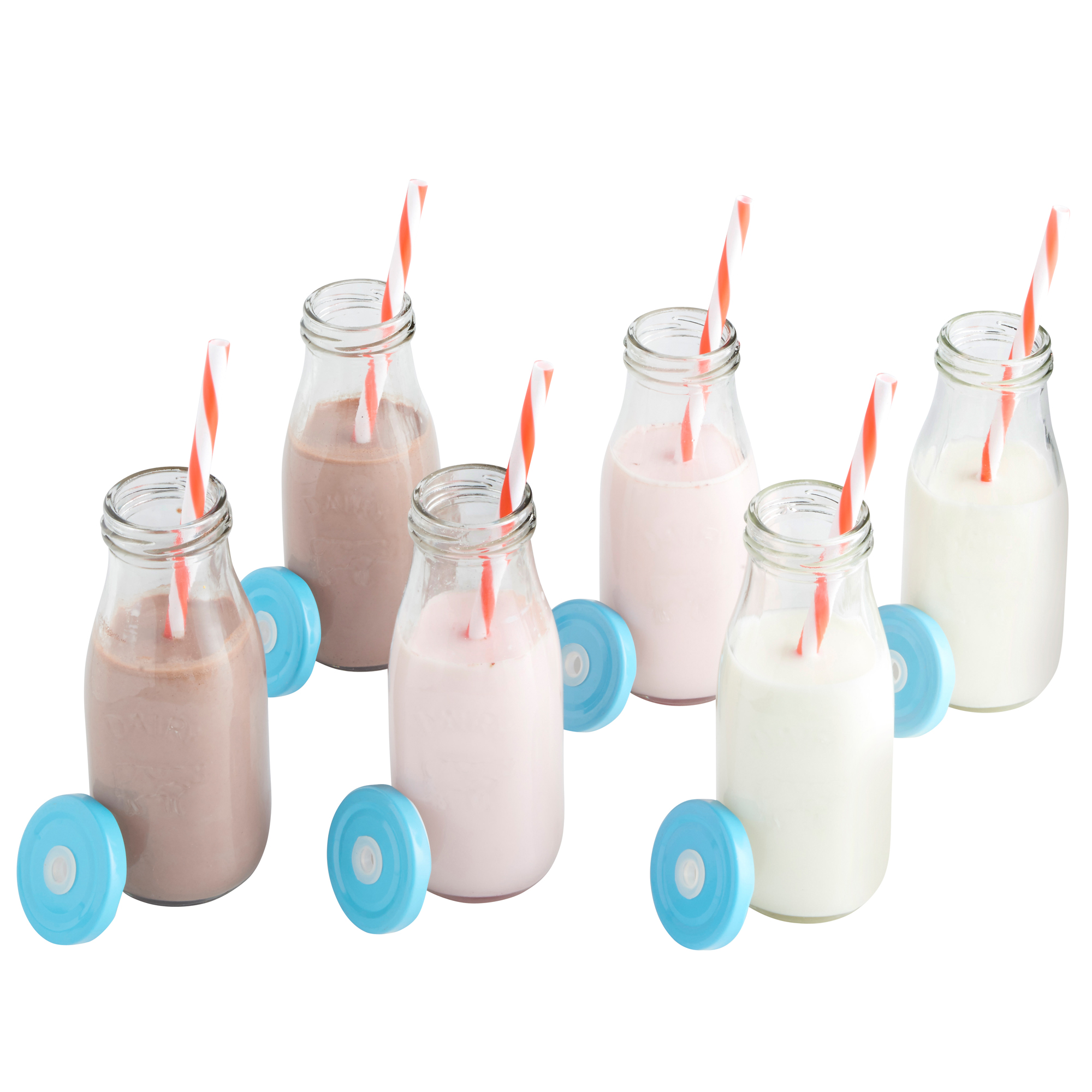 VonShef Set of 6 Milk Bottles Drinking Glass Set with Reusable Straws