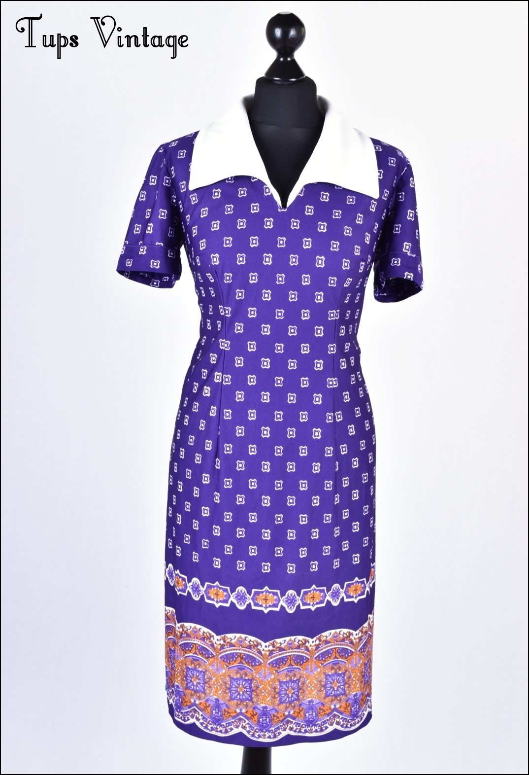 VINTAGE 60s PURPLE RETRO PRINT WHITE DAGGER COLLAR MINI MOD SHIFT DRESS 12 | eBay